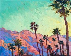 a painting of palm trees and mountains in the background