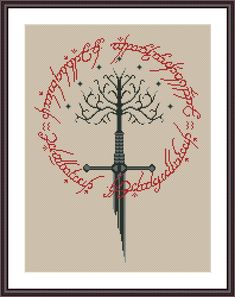 "Narsil Tree of Gondor is a pattern, not the completed work. The crowned white tree of Gondor wrapped in the riddle of the strider which states \"Ash nazg durbatulûk, ash nazg gimbatul, Ash nazg thrakatulûk agh burzum-ishi krimpatul. --------------------------------------------------------------- One ring to rule them all, one ring to find them, One ring to bring them all and in the darkness bind them.t\" On 14-count aida the design measures 10.00w X 13.71h inches / 25.40w X 34.83h cm / 140w X 1 Tree Of Gondor Cross Stitch, Narnia Cross Stitch, Lotr Cross Stitch, White Tree Of Gondor, Tree Of Gondor, Tapestry Ideas, The Riddle, Pixel Art Grid, Cross Stitch Bookmarks