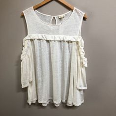 Anthropologie Cold Shoulder Ruffle Linen Top Nwt A44 White Lace Tunic, Summer Off-shoulder Peasant Top With Ruffles, Summer Peasant Top With Ruffles And V-neck, Affordable Cotton T-shirt With Ruffle Sleeves, Lace Tunic Tops, Forever 21 Cotton Ruffle Top, Bohemian V-neck Top With Ruffle Hem, Ruffle Linen, Floral Print Tunic