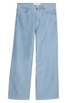 The Italian label offers a more polished look for denim days with these five-pocket pants crafted in a wide-leg cut from cotton in a sky-blue wash. 31" inseam; 24" leg opening; 12 1/2" front rise; 14 1/2" back rise (size 48EU) Zip fly with button closure Five-pocket style 100% cotton Machine wash, dry flat Made in Italy Blue Cotton Wide-leg Jeans, Denim Blue Wide-leg Cropped Cotton Jeans, Medium Wash Cotton Wide Leg Pants With Five Pockets, Denim Blue Wide-leg Cropped Jeans, Cotton Medium Wash Wide Leg Pants With Five Pockets, Cropped Wide Leg Denim Blue Pants With Five Pockets, Washed Blue Cropped Cotton Jeans With Five Pockets, Light Blue Cotton Jeans With Five Pockets, Light Wash Cotton Jeans For Work