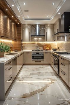 a kitchen with marble flooring and white counter tops on both sides of the room