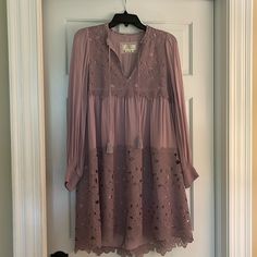 Super Cute Spring Dress , Never Worn. Size Small With Pretty Floral Lace Cut Out . Mauve Mini Dress For Spring Date Night, Lavender Long Sleeve Mini Dress For Spring, Feminine Mauve Dresses For Spring, Feminine Long Sleeve Mauve Dress, Lavender Long Sleeve Dress For Fall, Lavender Long Sleeve Dress For Spring, Spring Purple Dress With Lace Trim, Purple Lace Trim Dress For Spring, Elegant Mauve Daywear Dress