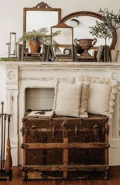 an old trunk is sitting in front of a mirror with plants on it and other items