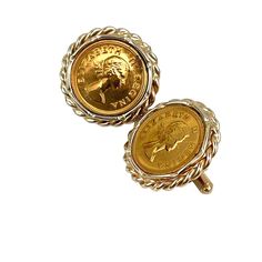 These cufflinks exude an air of regality with their intricate design showcasing Queen Elizabeth II. Crafted with a luxurious gold finish, they are perfect for adding a dignified touch to formal attire. The faux coin design adds a touch of history and elegance, making them a distinguished addition to any collection. * Gold finish * Faux coin design * Queen Elizabeth II motif * Swivel bar closure * Secure fit * Elegant and regal * Perfect for formal events * Light tarnish on back * Coin diameter: 1 inch Features: * Retro, Mens Size: Gold Condition: Pre-Owned Good Elegant Gold Engraved Cufflinks, Elegant Engraved Gold Cufflinks, Vintage Gold Cufflinks For Wedding, Vintage Gold Plated Clip-on Earrings For Formal Occasions, Gold Clip-on Cufflinks For Business, Vintage Gold Cufflinks With Screw Back, Vintage Gold Cufflinks With Polished Finish, Gold Vintage Cufflinks With Polished Finish, Classic Gold Cufflinks With Polished Finish