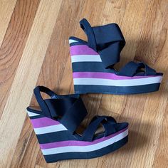 New! Never Worn 5 Inch Wedge Crisp Condition Purple Open Toe Synthetic Wedge Sandals, Purple Wedge Heel Sandals In Synthetic Material, Purple Synthetic Wedge Heel Sandals, Purple Platform Sandals For The Beach, Purple Platform Sandals For Beach, Purple Platform Wedge Sandals For The Beach, Purple Wedge Heel Sandals For Summer, Purple Wedge Sandals For Summer, Purple Summer Wedge Sandals