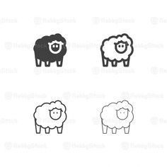 four black and white sheep standing next to each other