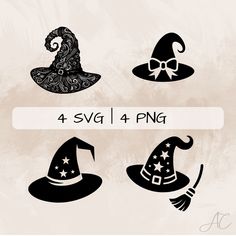 4 svg witches hats with bows and stars