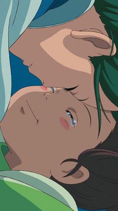 an animated image of a woman with green hair and blue eyes laying in bed next to a man