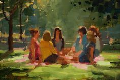 a painting of people sitting on the ground talking to each other in a park area