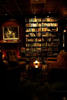 a living room filled with furniture and a book shelf full of books in the dark