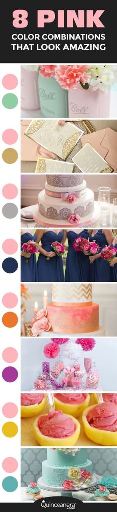 a collage of different cakes and desserts with the words 8 pink combinations that look amazing