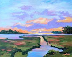 a painting of a river running through a field