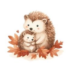 a watercolor painting of an adult hedge hugging a baby hedgehog with autumn leaves around it