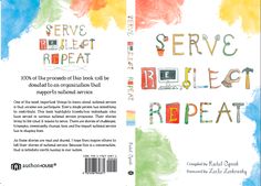 a book cover with the words serve repeat written in multicolored letters on it