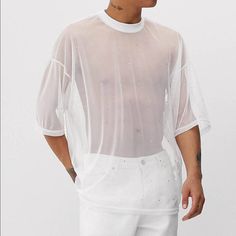 Size Xxs Trendy White Sheer Top, Casual White Sheer Top, Sheer Short Sleeve Summer Top, White Drop Shoulder Tops For Summer, Casual Drop Shoulder Summer Shirt, Casual Summer Shirt With Drop Shoulder, Summer Casual Drop Shoulder Shirt, White Drop Shoulder Summer Tops, White Mesh Shirt