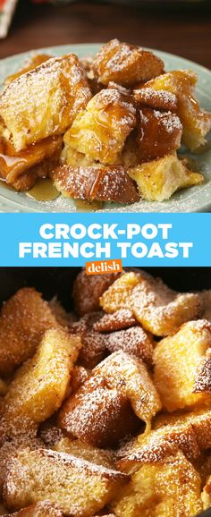 crock - pot french toast on a plate with powdered sugar in the middle