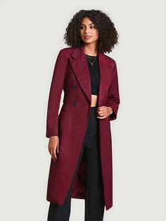 Discover the epitome of elegance with the Avec Les Filles Stretch Cotton Belted Trench Coat, now available in a luxurious deep burgundy hue. This trench coat combines the best style and functionality, crafted from breathable cotton fabric enhanced with water-resistant features for practicality in any weather. Design details include classic shoulder pads, functional flap pockets, stylish button cuffs, and a detachable belt, offering versatile styling options to suit your taste. Whether braving rainy days or enjoying sunny weekends, this trench coat is your go-to choice for timeless elegance and superior comfort. Additional Details: Color: Rich, Deep Burgundy Red Material: Breathable Cotton with Water-Resistant Properties Features: Shoulder Pads Flap Pockets, Button Cuffs, Detachable Belt Ec Elegant Red Pea Coat For Formal Occasions, Formal Burgundy Outerwear With Lapel Collar, Burgundy Winter Formal Outerwear, Classic Burgundy Long Coat, Classic Long Burgundy Coat, Elegant Fitted Red Pea Coat, Chic Formal Pea Coat For Fall, Burgundy Lapel Collar Outerwear For Fall, Burgundy Notch Lapel Outerwear For Winter