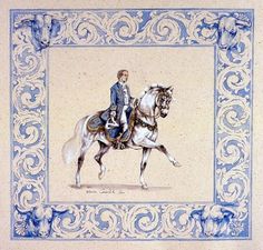 a drawing of a man riding on the back of a white horse with blue trim