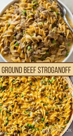 two images showing different types of ground beef stroganoni in a casserole dish