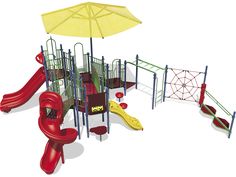 a children's play area with a yellow umbrella and red slides, including a swing set