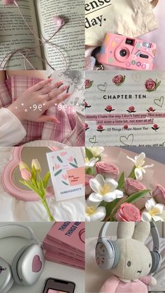 a collage of pink and white items including a teddy bear, headphones, books, flowers, and an open book