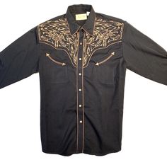 Scully Western Longhorn Bull Long Sleeve Shirt - Dudes Boutique Fitted Long Sleeve Shirt For Western-themed Events, Western Style Embroidered Button-up Top, Embroidered Button-up Western Tops, Black Long Sleeve Tops For Western-themed Events, Western Long Sleeve Tops With Snap Buttons, Black Embroidered Western Top, Western Black Shirt For Ranch, Western Style Black Shirt For Ranch, Western Style Buttoned Tops For Rodeo