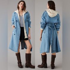 Nwt. Size Xs. Oversized Fit. *Lighting May Alter Color Of Item*. Detective Chic Meets Canadian Tuxedo In This Unique, Ultra-Stylish Oversized Outer Layer. Drapey Denim Fabric Collared Neck 55% Cotton, 40% Lyocell, 5% Recycled Cotton Machine Wash Imported Oversized Fit Longer Length Long Sleeves Smpke Free Home. Hooded Denim Blue Outerwear For Fall, Fall Utility Denim Blue Outerwear, Winter Utility Outerwear In Medium Wash, Medium Wash Utility Outerwear For Winter, Spring Denim Utility Outerwear, Fitted Hooded Denim Outerwear, Medium Wash Winter Workwear Outerwear, Medium Wash Outerwear For Winter Workwear, Winter Workwear Outerwear In Medium Wash