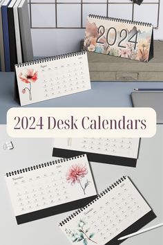 three desk calendars with flowers on them and the text, 2021 desk calendars