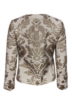 Dress up any outfit with this woven metallic beauty from Badgley Mischka! Perfect for your next big business meeting or special event, this is a gorgeously accented double breasted blazer that is begging to be worn with all your favorites. Size S 58% Wool, 36% Acrylic, 6% Polyester Rounded neckline Double breasted silhouette Front button closures Exterior pockets Waist 31" Sleeve 20.5" Shoulder to hem 20" Luxury Gold Evening Blazer, Luxury Evening Blazer With Gold Buttons, Chic Fitted Metallic Blazer, Gold Fitted Luxury Blazer, Glamorous Gold Blazer For Formal Occasions, Glamorous Gold Formal Blazer, Elegant Metallic Long Sleeve Blazer, Fitted Metallic Blazer For Formal Occasions, Chic Tailored Gold Blazer