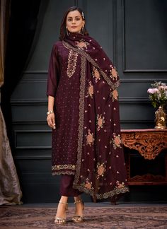 Wine Georgette Wedding Designer Salwar Kameez Readymade Salwar Kameez, Designer Salwar Kameez, Black Lehenga, Machine Work, Designer Salwar, Patiala Salwar, Salwar Kameez Designs, Shalwar Kameez, Straight Trousers