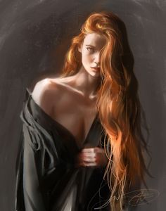 a painting of a woman with long red hair wearing a black dress and standing in front of a gray background