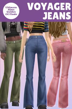 three different colored jeans with the words voyager jeans