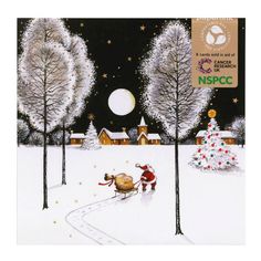 a christmas card with santa riding a sleigh pulled by a reindeer in the snow