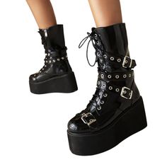 Gothic Punk Platform Boots, High Chunky Platform Boots, Riding Boots, Long Boots, Zipper Boots. PU Leather Boots. Combat Boots, Biker Boots, Punk Boots, Gothic Boots. Black Women's Boots. Looking to make a fashion statement? Then you can't go wrong with these awesome chunky, gothic, punk, platform boots. 3.5-inch heels are no problem with these super soft comfortable boots you will feel like you are floating on air, and they are surprisingly easy to walk in. Standing or walking for long periods Punk Platform Boots, Boots Biker, Boots Long, Gothic Boots, Platform Boots Chunky, Boots Combat, Boots Zipper, Buy Boots, Punk Boots