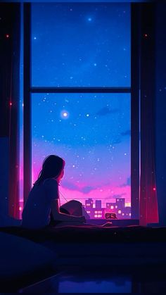 a person sitting on a bed in front of a window looking out at the night sky