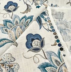 the fabric has blue and white flowers on it