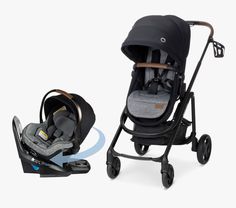 a baby stroller and infant car seat are shown