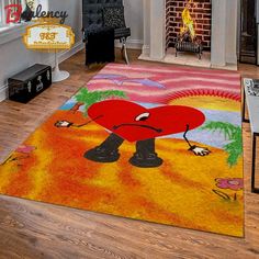 a living room with a rug that has a cartoon character on it and a fire place in the background