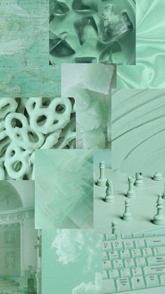 a collage of photos with white and green items in them, including a computer keyboard