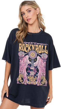 Our "Rock and Roll Tee" is a black t-shirt that that says "rock and roll" in yellow on the front. It has a guitar design on it. These are an oversized fit. Trendy Band Logo T-shirt For Concerts, Black Cotton Rock And Roll T-shirt, Rock Style Crew Neck T-shirt For Music Festival, Rock And Roll Graphic Design Short Sleeve Tops, Rock And Roll Short Sleeve T-shirt For Concert, Rock Band Logo T-shirt Relaxed Fit, Rock Band Logo T-shirt In Relaxed Fit, Rock Style Screen Print T-shirt For Music Festival, Rock Style Band Logo T-shirt With Relaxed Fit