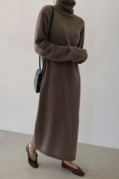 Introducing our Casual Long Sleeves Loose Solid Color High-Neck Sweater Dress – the perfect blend of comfort and casual chic. This dress features a relaxed fit with long sleeves and a high-neck design, creating an effortlessly stylish silhouette. Crafted for laid-back elegance, it effortlessly elevates your fashion game, ensuring you stay cozy and on-trend. Embrace the essence of casual sophistication with this essential addition, designed for versatile and easygoing style in every season. Non-stretch Long Sleeve Sweater Dress, Long Solid Color Sweater Dress For Fall, Long Solid Color Winter Dress, Non-stretch Brown Winter Dress, Long Solid Color Midi Dress For Winter, Long Midi Dress For Winter, Casual Brown Winter Dress, Casual Solid Color Winter Dress, Casual Solid Midi Dress For Winter