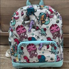 Sea Life Backpack With Mermaids, Octopuses, And Seahorses By Betsey Johnson School Safe Stadium Friendly Perfect For Pool Or Beach! Silver Backpack With Zipper Closure, Silver Standard Backpack For Everyday Use, Silver Everyday Backpack, Silver Backpack For Everyday Use, Silver School Bag With Zipper Closure, Silver Standard Backpack For Daily Use, Silver Standard Backpack For School, Silver Everyday Use Backpack, Silver Backpack For Back To School