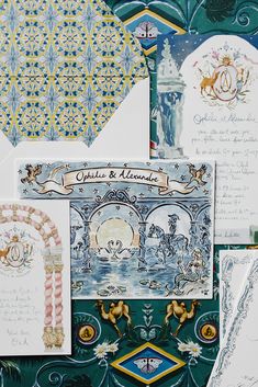 many different types of cards and envelopes with designs on the front, back and sides