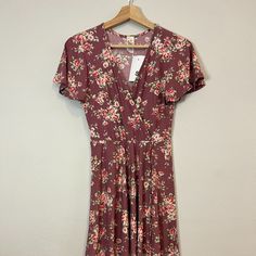 Floral High Low Wrap Dress / S Short Sleeve Lavender Maxi Dress For Spring, Casual Purple Maxi Dress, Fitted Purple Midi Dress Casual Style, Spring Mauve Maxi Dress With Floral Print, Mauve Short Sleeve Dress For Spring, Purple Casual Maxi Dress, Casual Mauve Maxi Dress For Spring, Casual Flowy Purple Dress, Short Sleeve Mauve Dresses For Spring