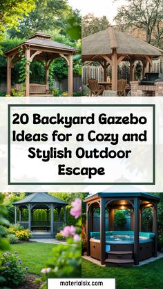 Backyard gazebos with seating and hot tubs for a cozy and stylish outdoor escape. Farmhouse Gazebo, Gazebo Design Ideas, Backyard Gazebo Ideas, Rectangular Gazebo, Gazebo Design, Gazebo On Deck, Large Gazebo, Shed Tiny House, Screened Gazebo