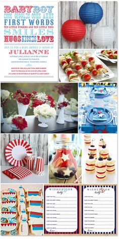 a collage of photos with red, white and blue decorations on it's sides