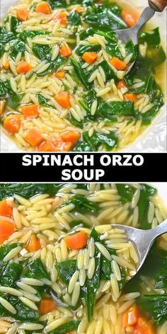 spinach orzo soup with noodles and carrots in it