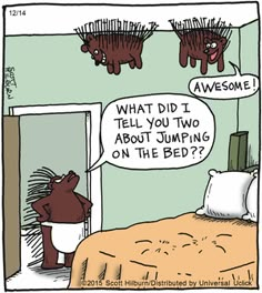 a comic strip with an image of a bed and two bears in the room, one saying what did i tell you two about jumping on the bed?