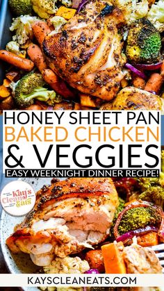 Cooked on a single pan, easy cleanup, healthy and delicious! Balsamic Honey Sheet Pan Chicken & Veggies is a perfect easy weeknight meal. I love sheet pan meals mainly because there are almost no dishes to do after we eat. For my hubby and the kids I serve it up with a side of rice but for myself, I eat it as is because it is a terrific low-carb meal! Make this Balsamic Honey Sheet Pan Chicken & Veggies Recipe! | @kayscleaneats Sheet Pan Dinners Low Carb, Healthy Sheet Pan Meals, Sheet Pan Chicken And Veggies, Baked Chicken And Veggies, Pan Chicken And Veggies, Dinners Low Carb, Low Carb Healthy Recipes, Weight Watcher Points, Healthy Sheet Pan