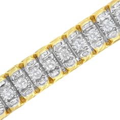 A must have for any serious jewelry collection, this stunning 14K yellow and white gold tennis bracelet boasts an impressive 5.0 carat total weight of diamonds with a whopping 217 individual stones. The bracelet features rectangular links with round, brilliant cut diamonds in four prong settings centered between baguette cut diamonds flush set into the wedged sides of the links, creating a reflective appearance. The interior of the links are 14K white gold, while the outside of the links are mad Gold Tennis Bracelet, Bracelet Tennis, Baguette Cut Diamond, Tennis Bracelet Diamond, Baguette Cut, Baguette Diamond, Sparkle Diamonds, Tennis Bracelet, Round Cut Diamond